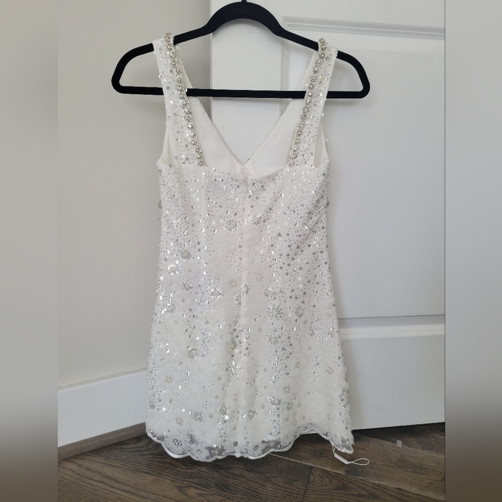 Self Portrait White Beaded Sequin V-neck Mini Dress - Picture 3 of 6